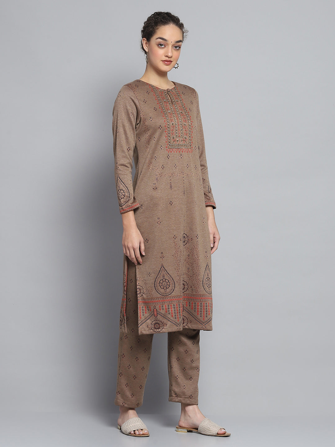 Women Brown Self Design Round Neck Full Sleeve Kurti Set for Winter