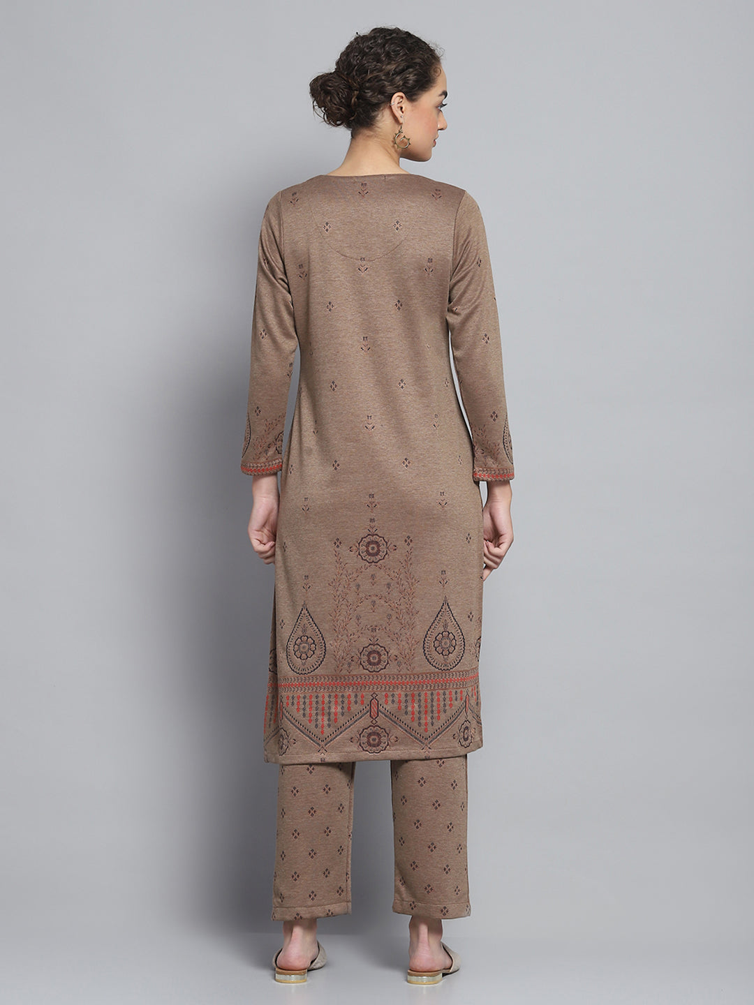 Women Brown Self Design Round Neck Full Sleeve Kurti Set for Winter