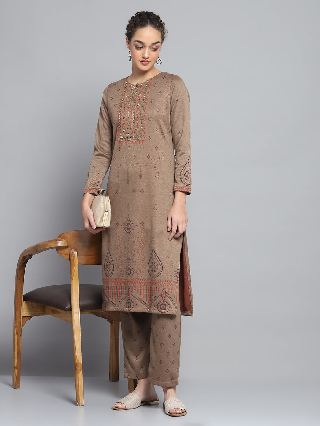 Women Brown Self Design Round Neck Full Sleeve Kurti Set for Winter