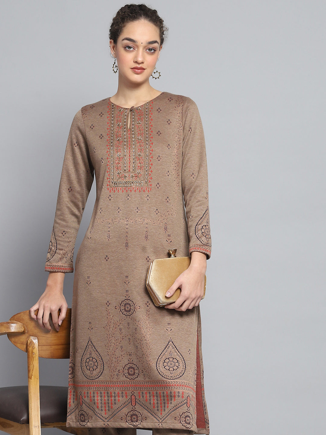 Women Brown Self Design Round Neck Full Sleeve Kurti Set for Winter
