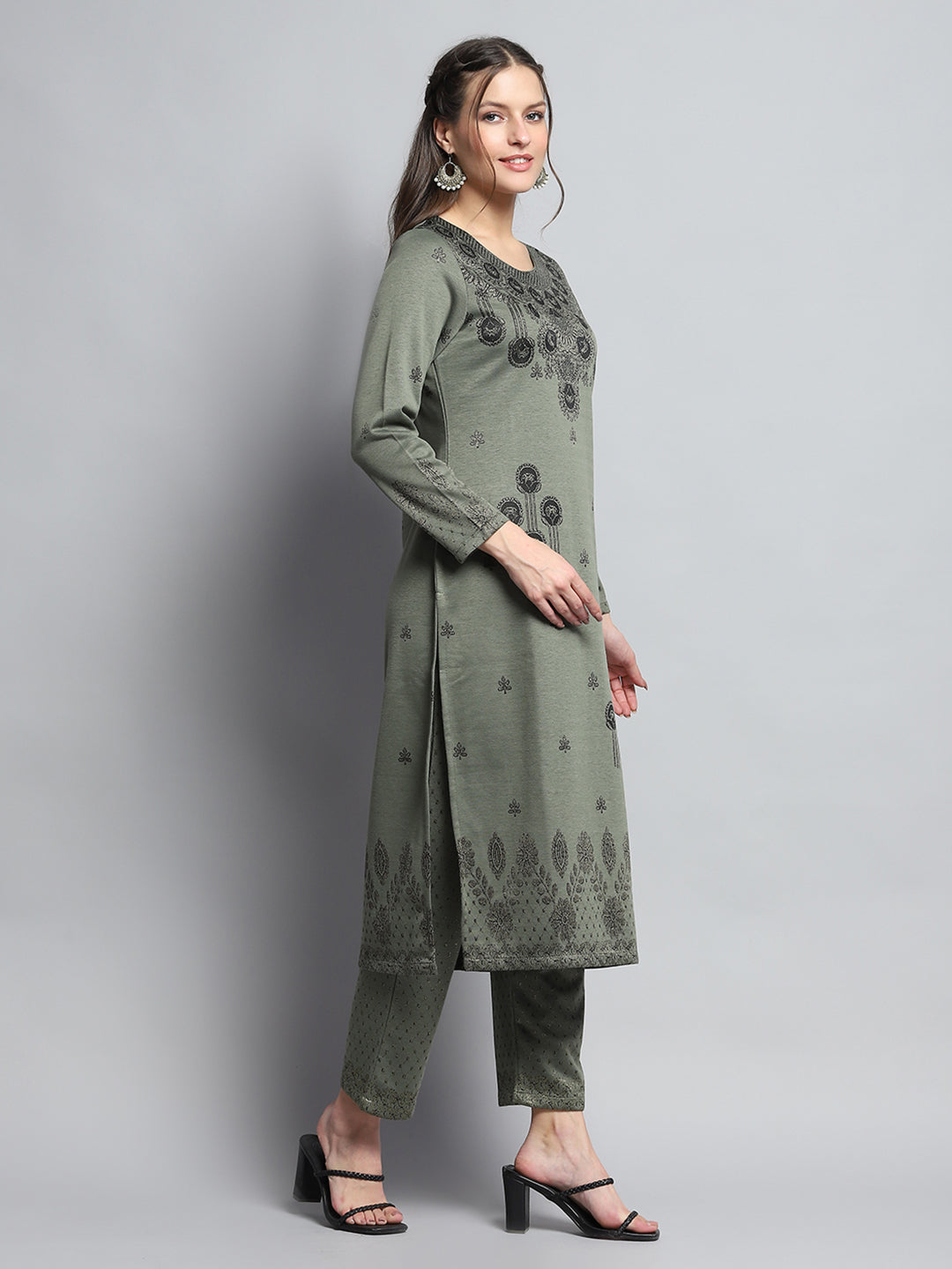 Women Olive Self Design Round Neck Full Sleeve Kurti Set for Winter