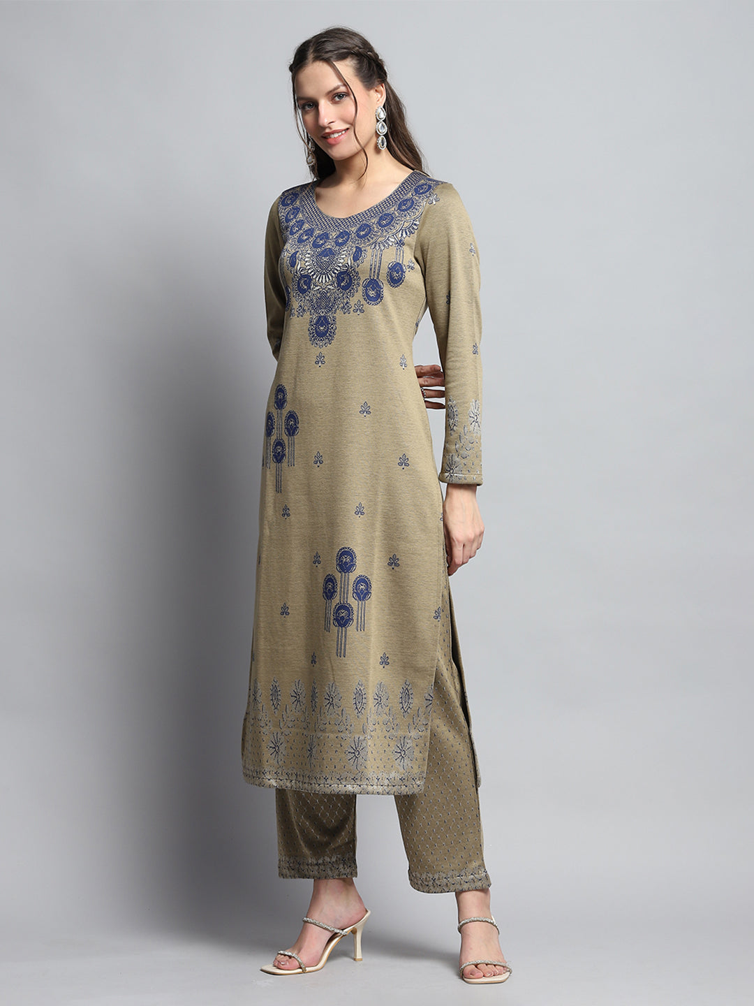 Women Beige Self Design Round Neck Full Sleeve Kurti Set for Winter