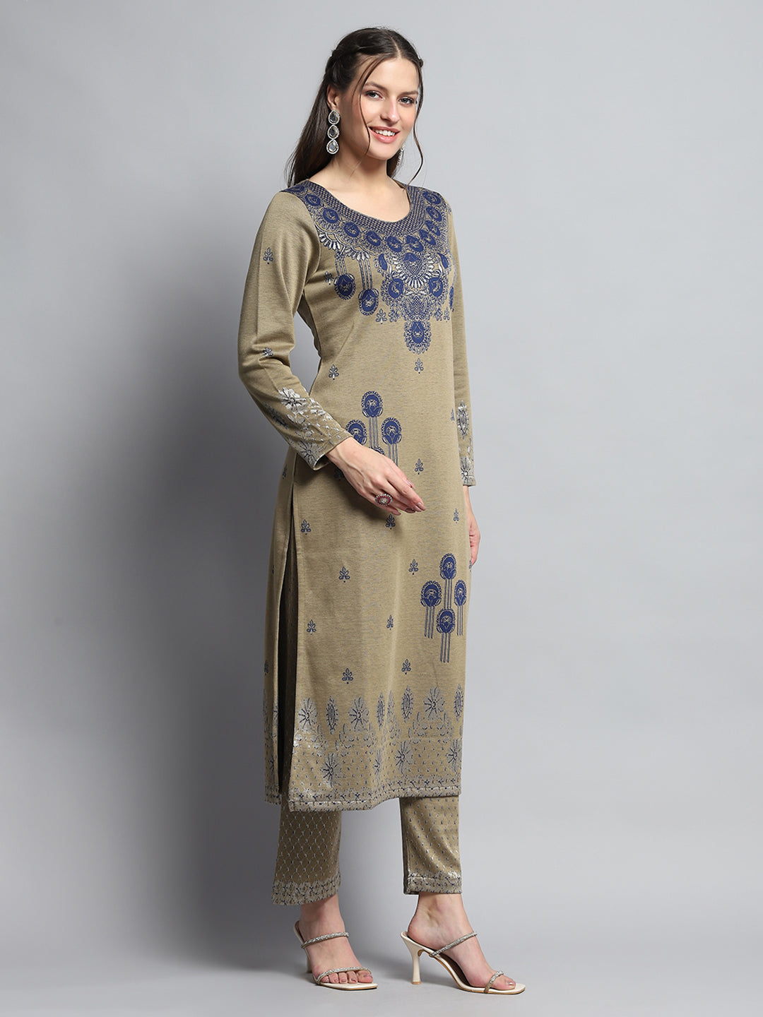 Women Beige Self Design Round Neck Full Sleeve Kurti Set for Winter