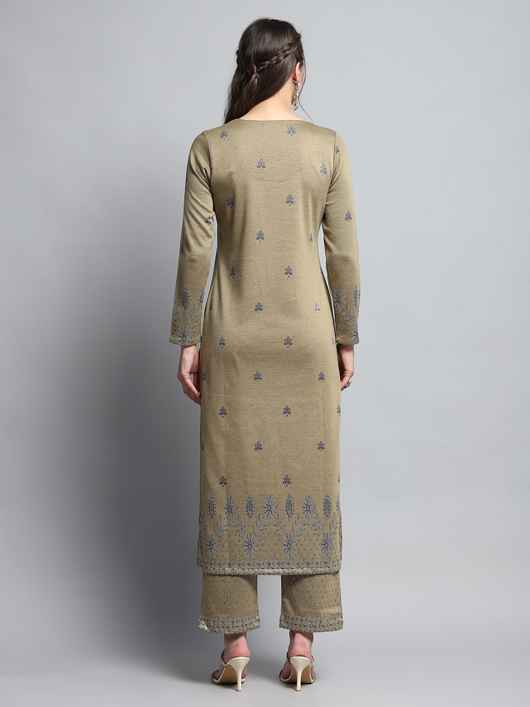 Women Beige Self Design Round Neck Full Sleeve Kurti Set for Winter