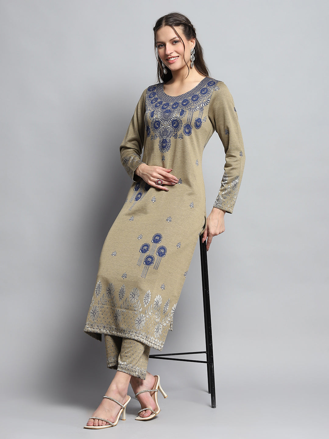 Women Beige Self Design Round Neck Full Sleeve Kurti Set for Winter