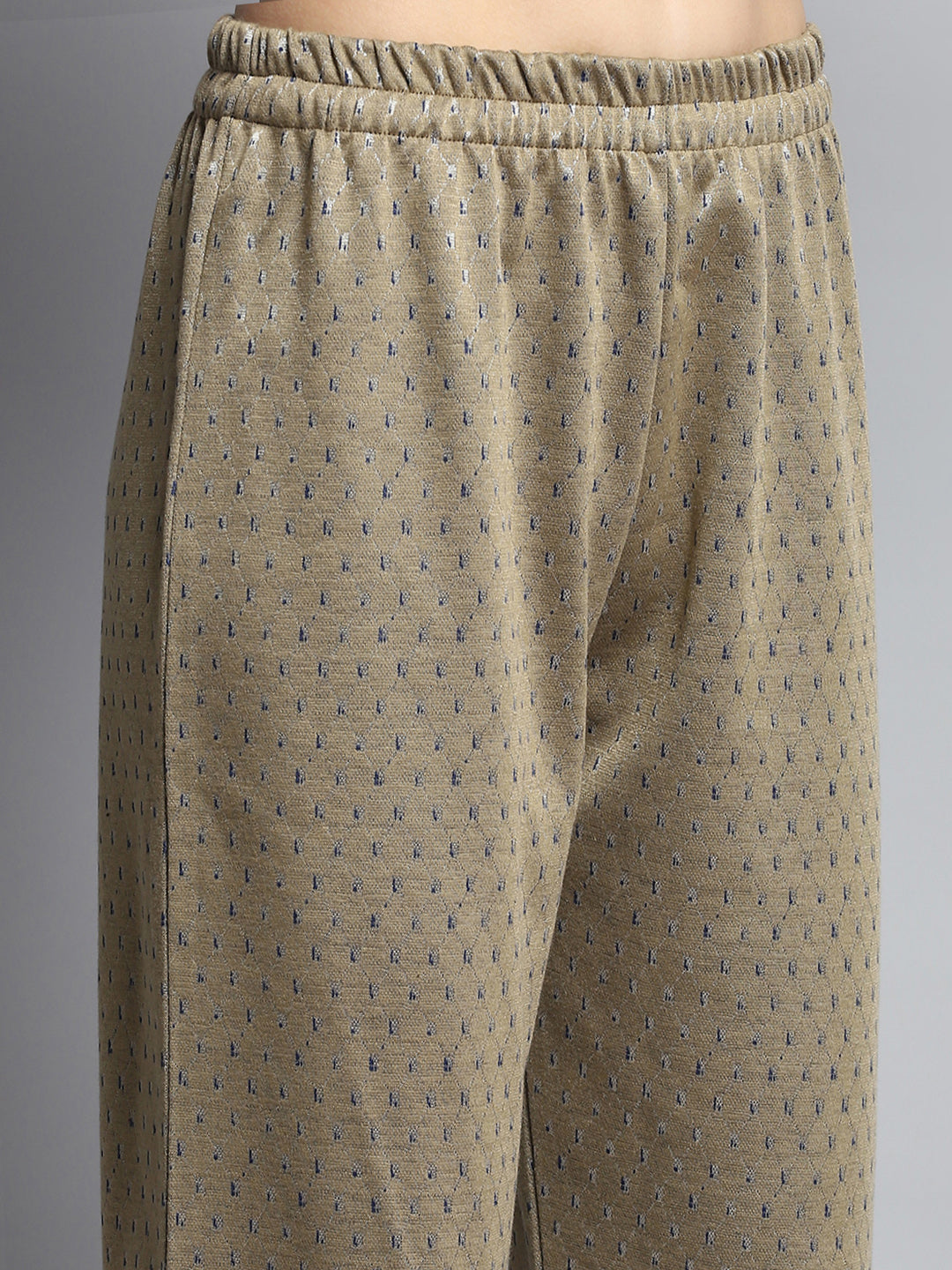 Women Beige Self Design Round Neck Full Sleeve Kurti Set for Winter