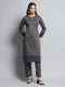 Women Navy Blue Self Design Round Neck Full Sleeve Kurti Set for Winter