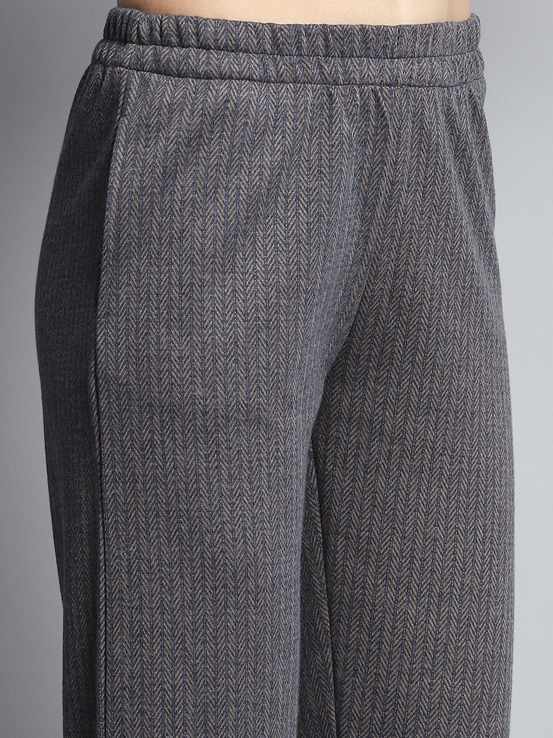 Women Navy Blue Self Design Round Neck Full Sleeve Kurti Set for Winter