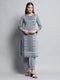 Women Blue Self Design Round Neck Full Sleeve Kurti Set for Winter