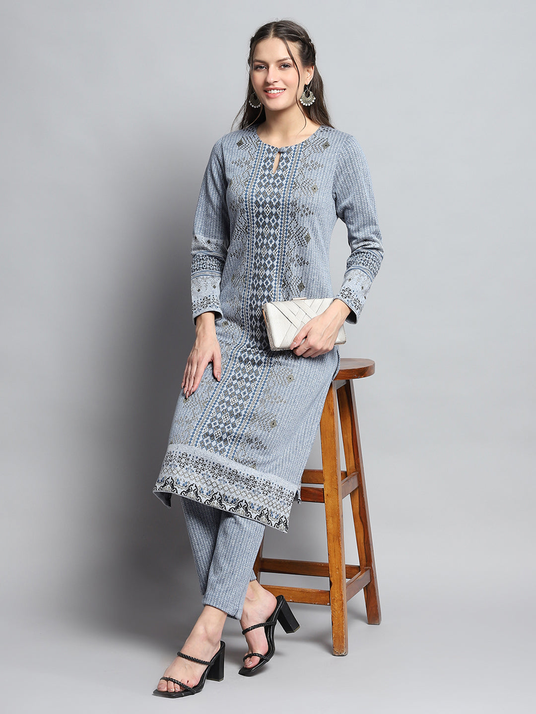 Women Blue Self Design Round Neck Full Sleeve Kurti Set for Winter