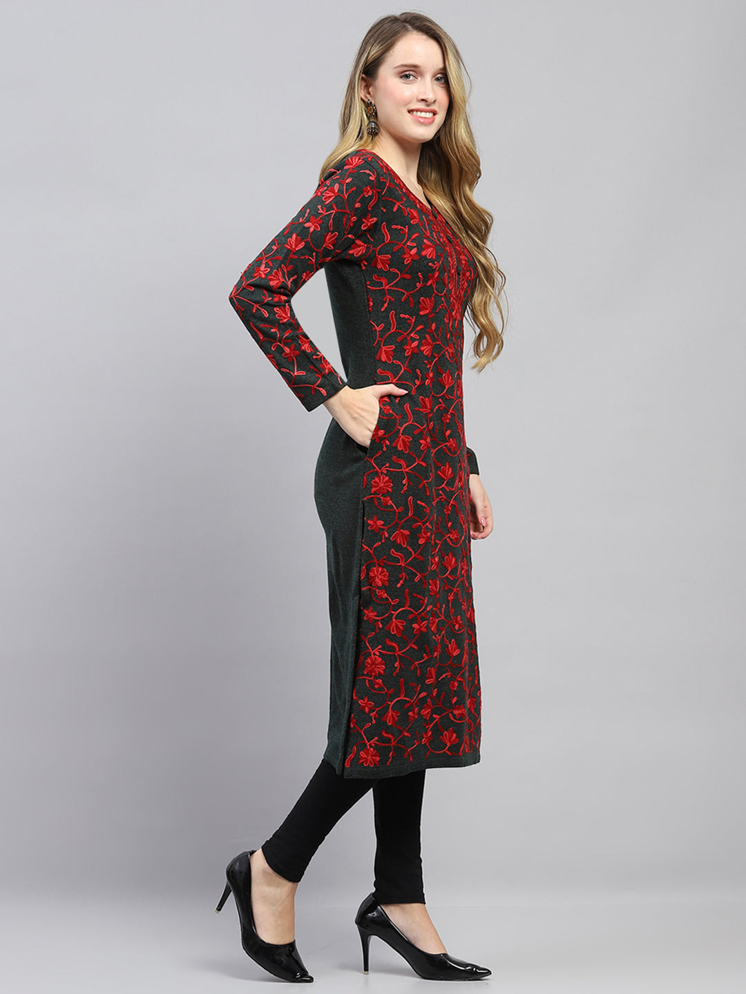 Women Brown Woven Design Round Neck Full Sleeve Winter Kurti