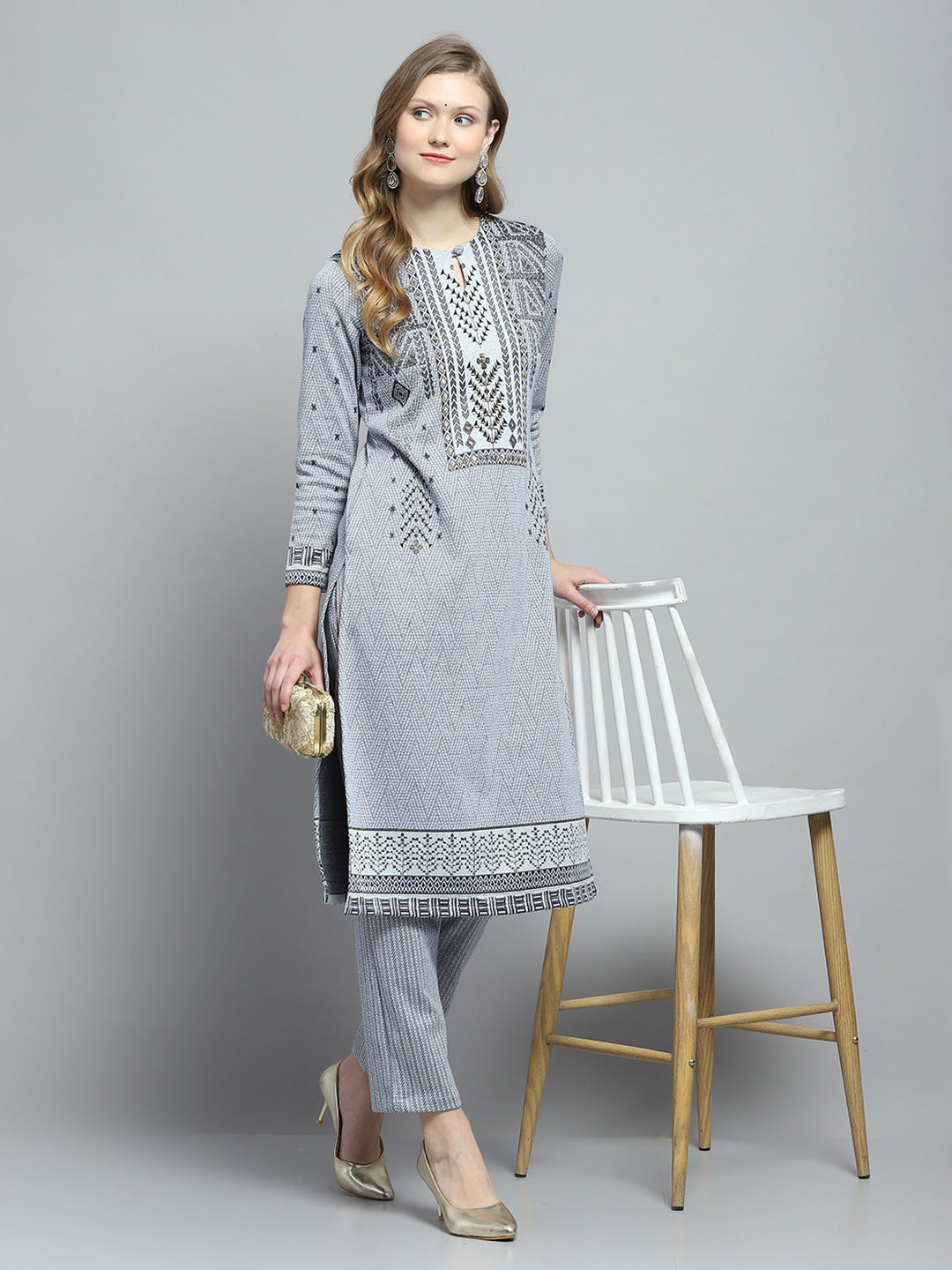 Women Sky Blue Self Design Round Neck Full Sleeve Kurti Set for Winter