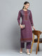 Women Purple Self Design Round Neck Full Sleeve Kurti Set for Winter