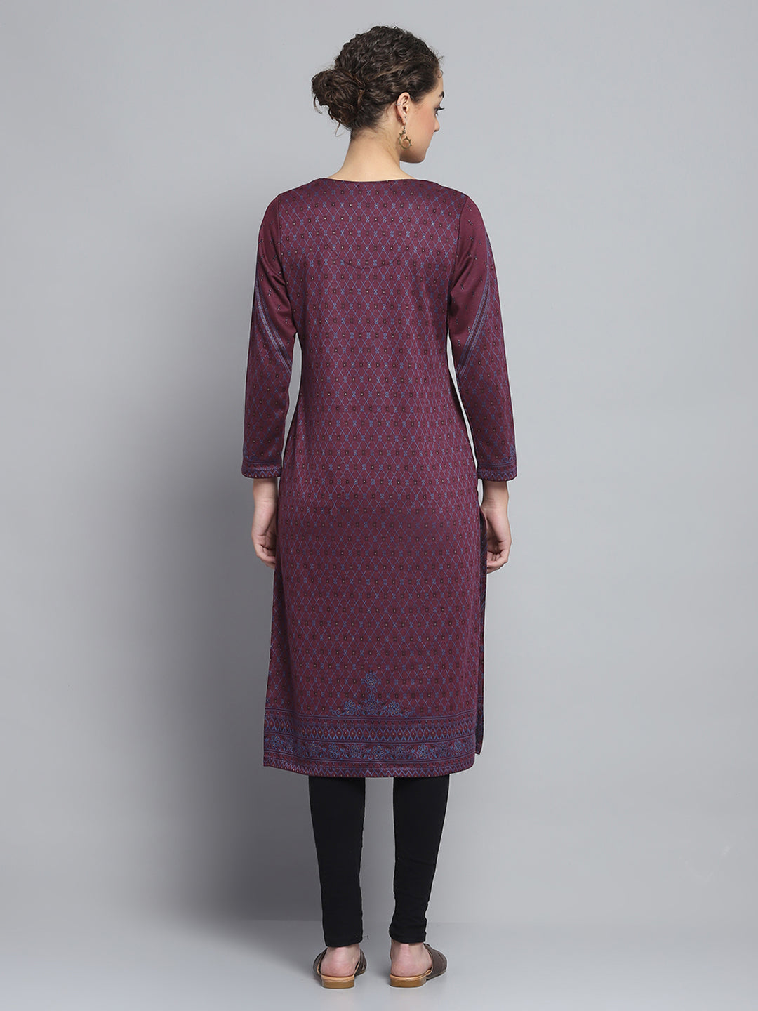 Women Maroon Self Design Round Neck Full Sleeve Winter Kurti
