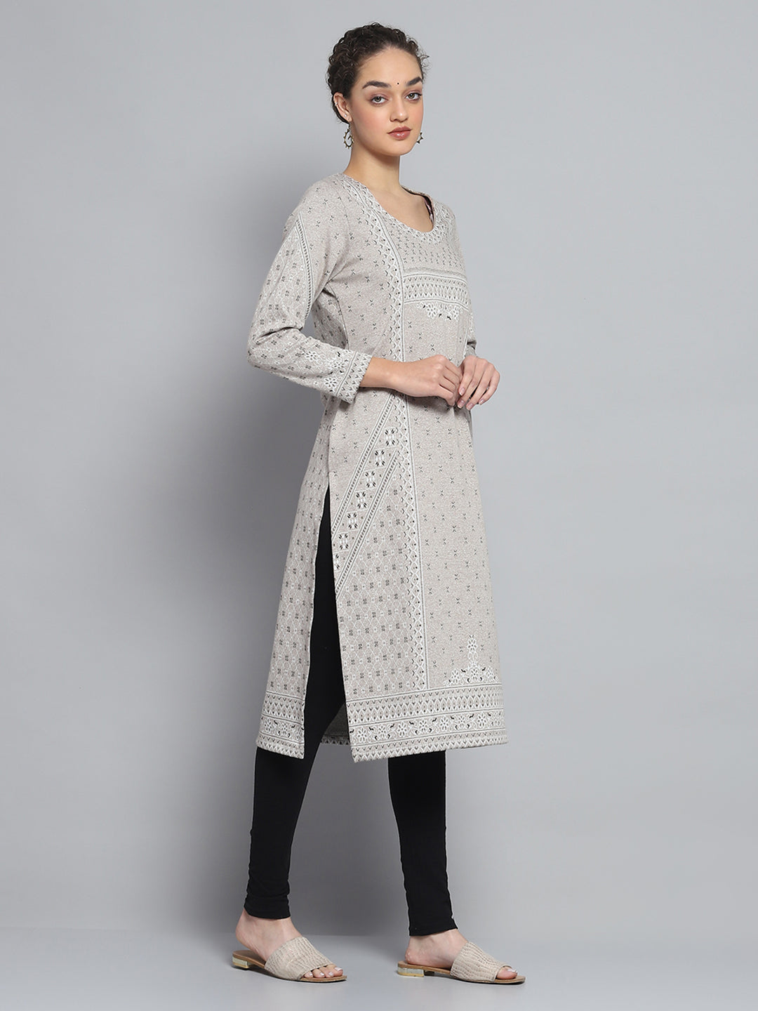Women Beige Self Design Round Neck Full Sleeve Winter Kurti