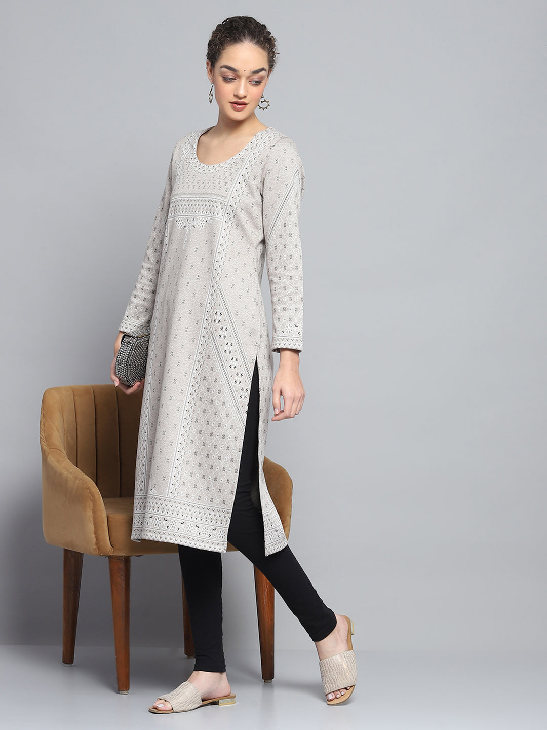 Women Beige Self Design Round Neck Full Sleeve Winter Kurti