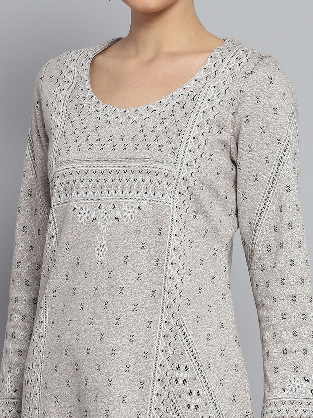 Women Beige Self Design Round Neck Full Sleeve Winter Kurti