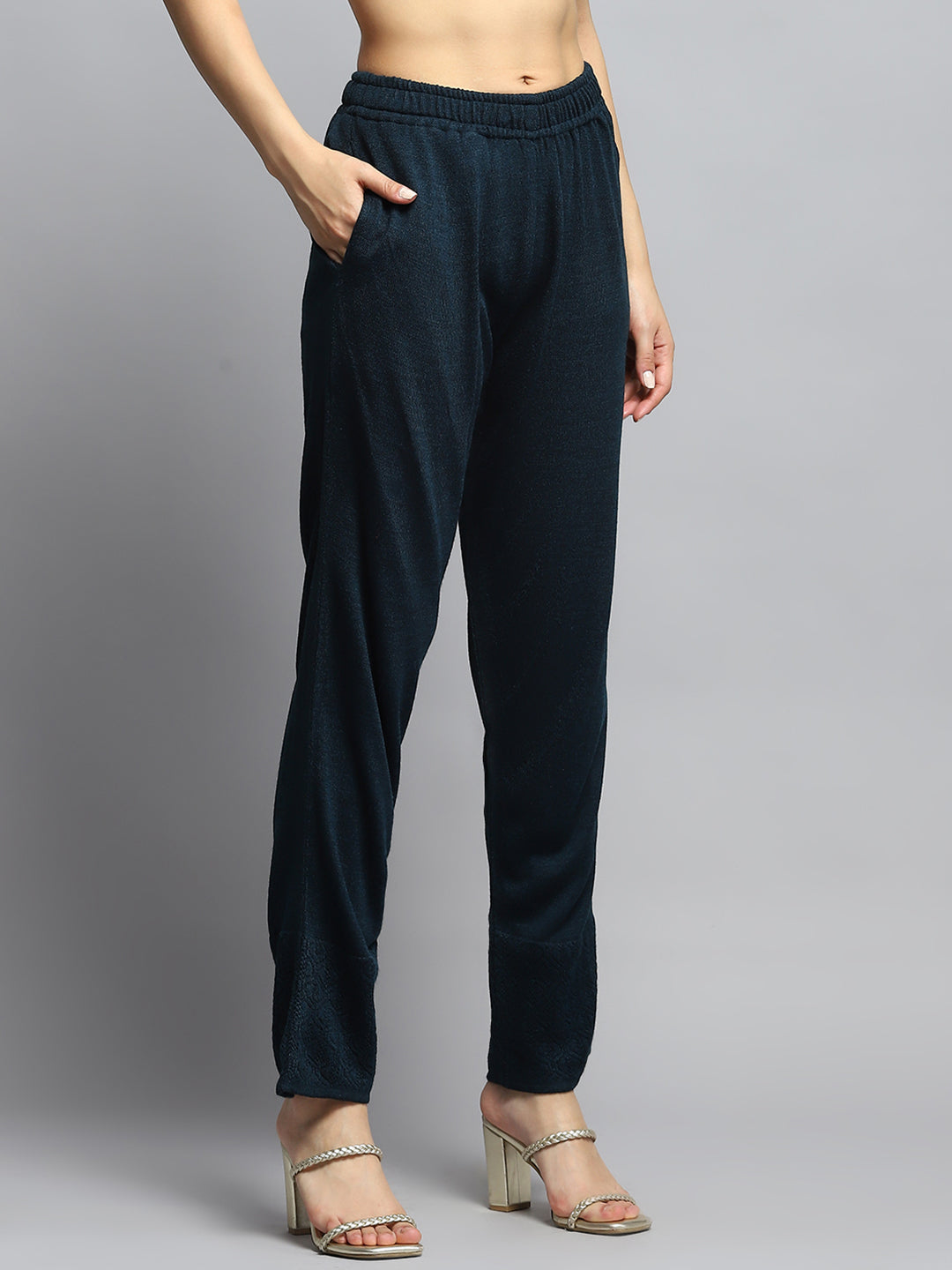 Women Teal Blue Self Design V Neck Full Sleeve Kurti Set