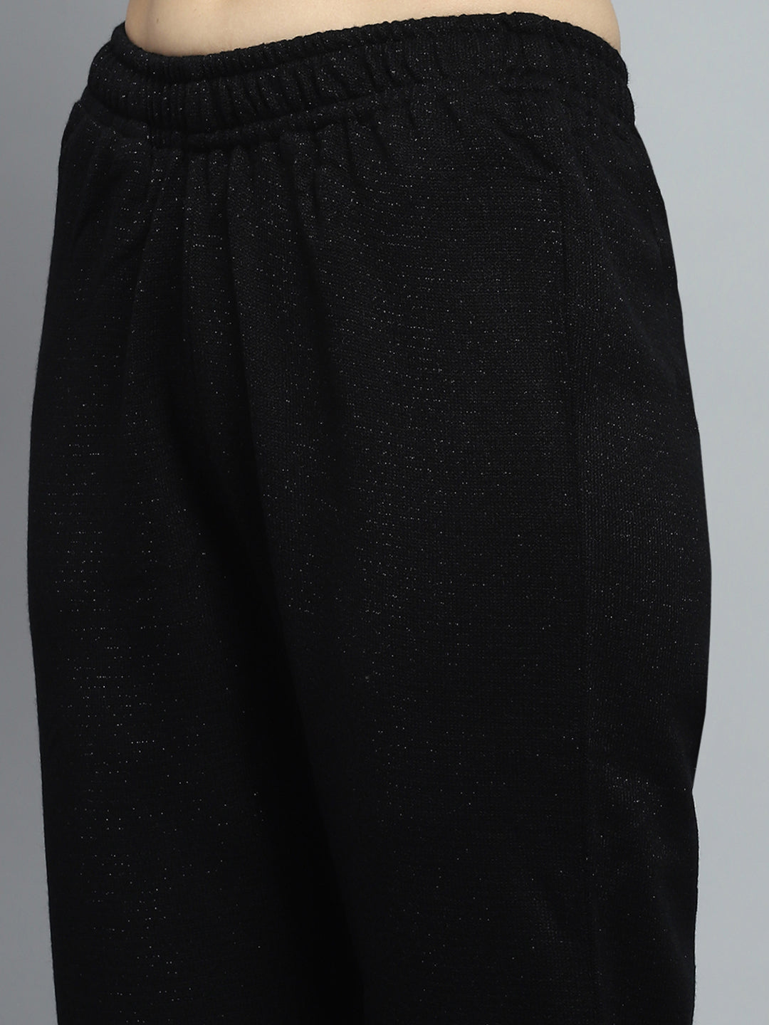 Women Black Self Design Round Neck Full Sleeve Kurti Set for Winter