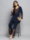 Women Blue Self Design Round Neck Full Sleeve Kurti Set