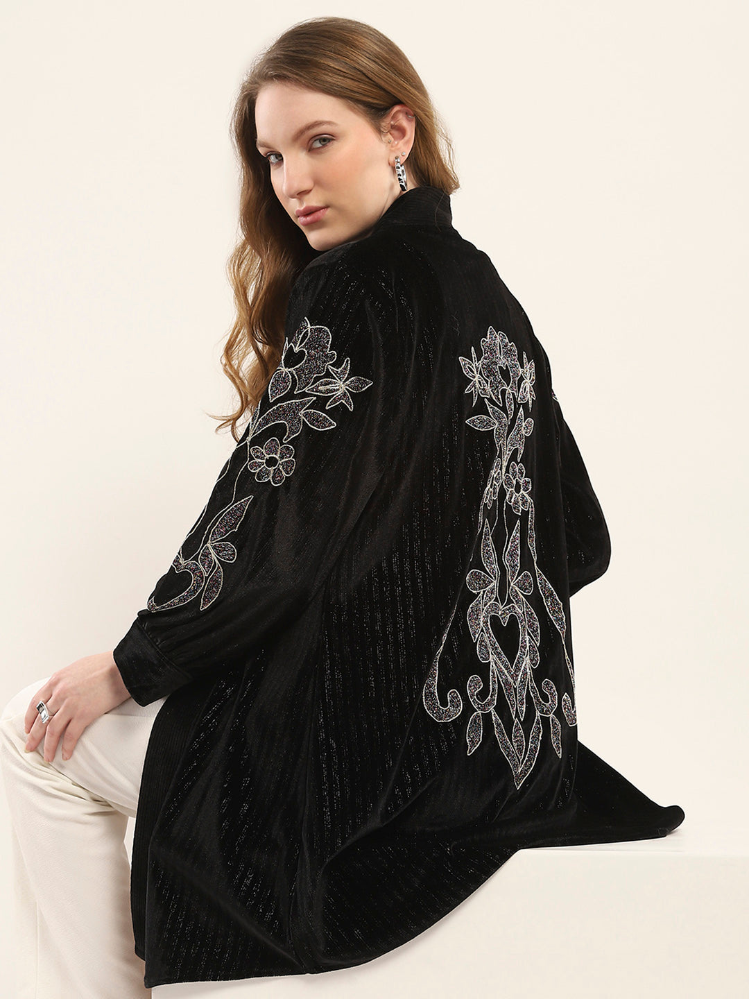 Women Black Self Design Front Open Full Sleeve Shrug