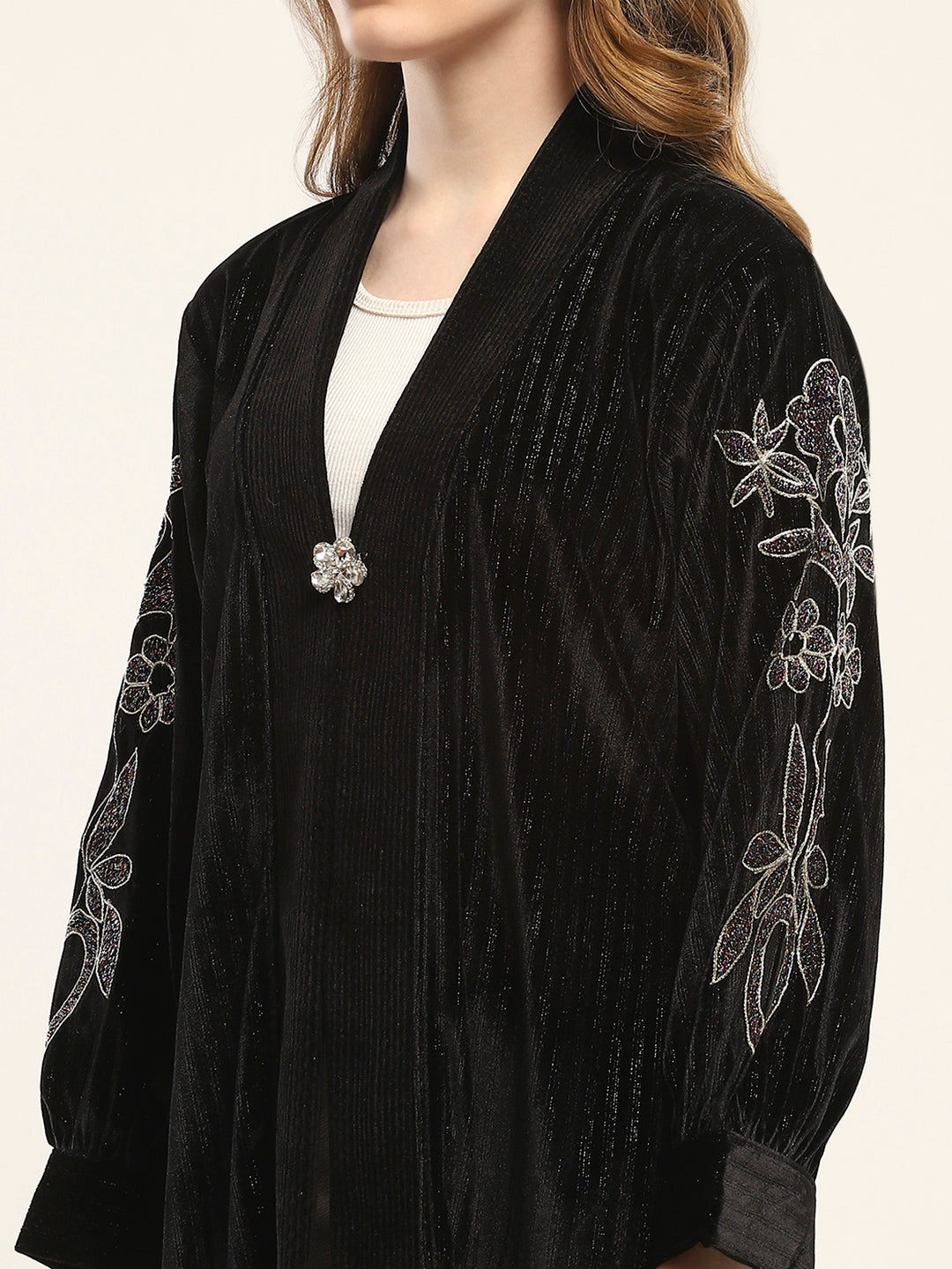 Women Black Self Design Front Open Full Sleeve Shrug