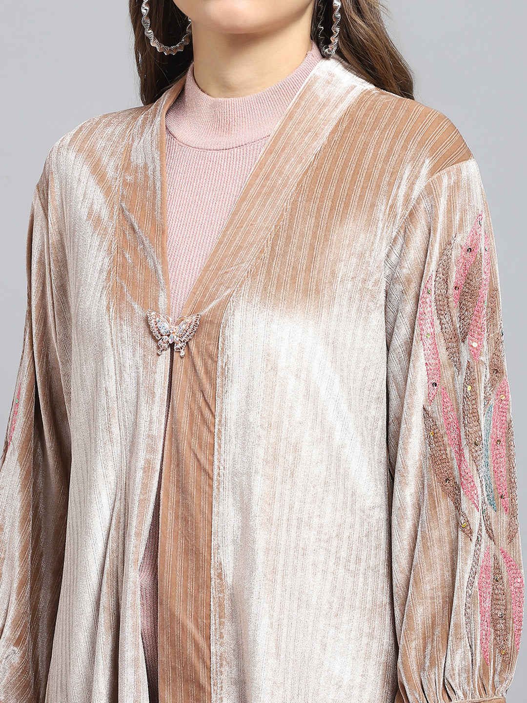 Women Beige Self Design V Neck Full Sleeve Shrug