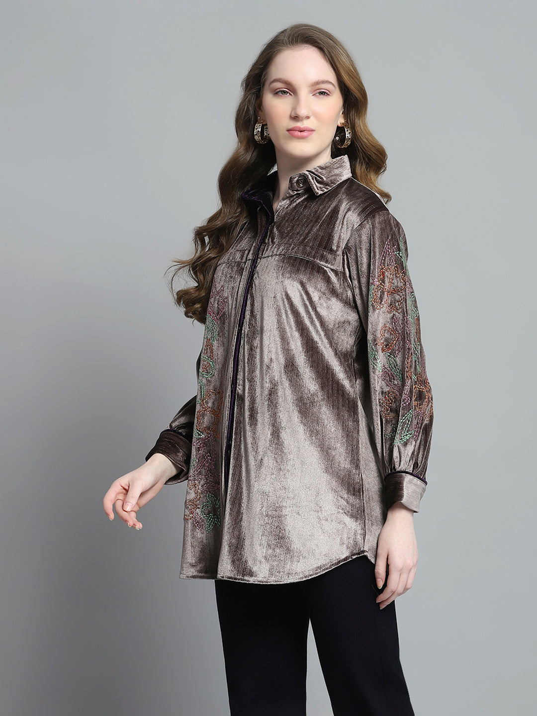Women Brown Self Design Collar Full Sleeve Winter Shirt