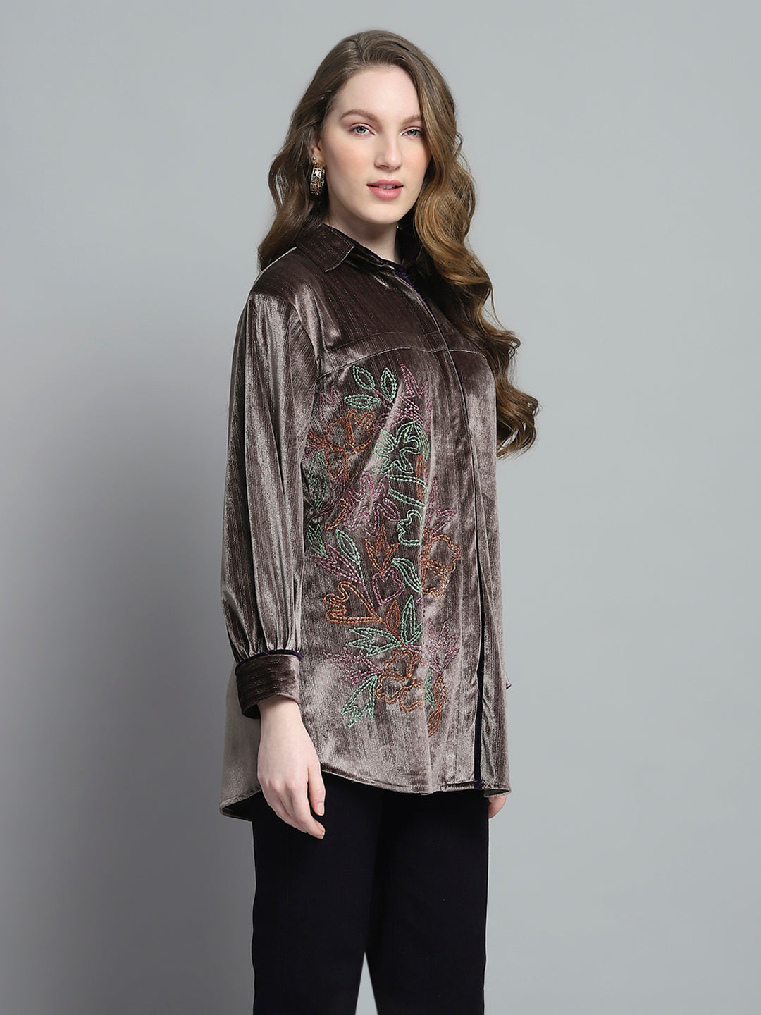 Women Brown Self Design Collar Full Sleeve Winter Shirt
