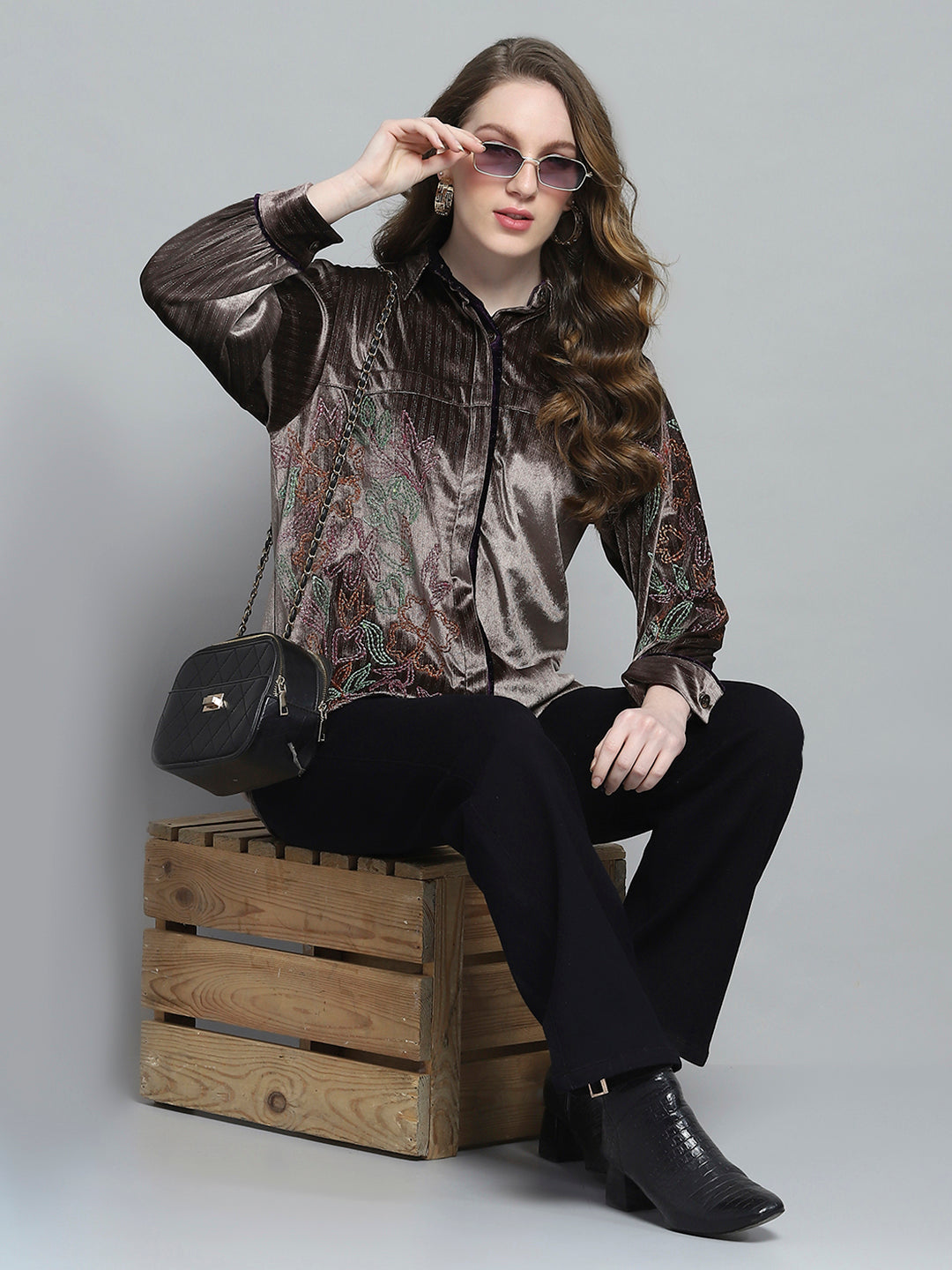 Women Brown Self Design Collar Full Sleeve Winter Shirt