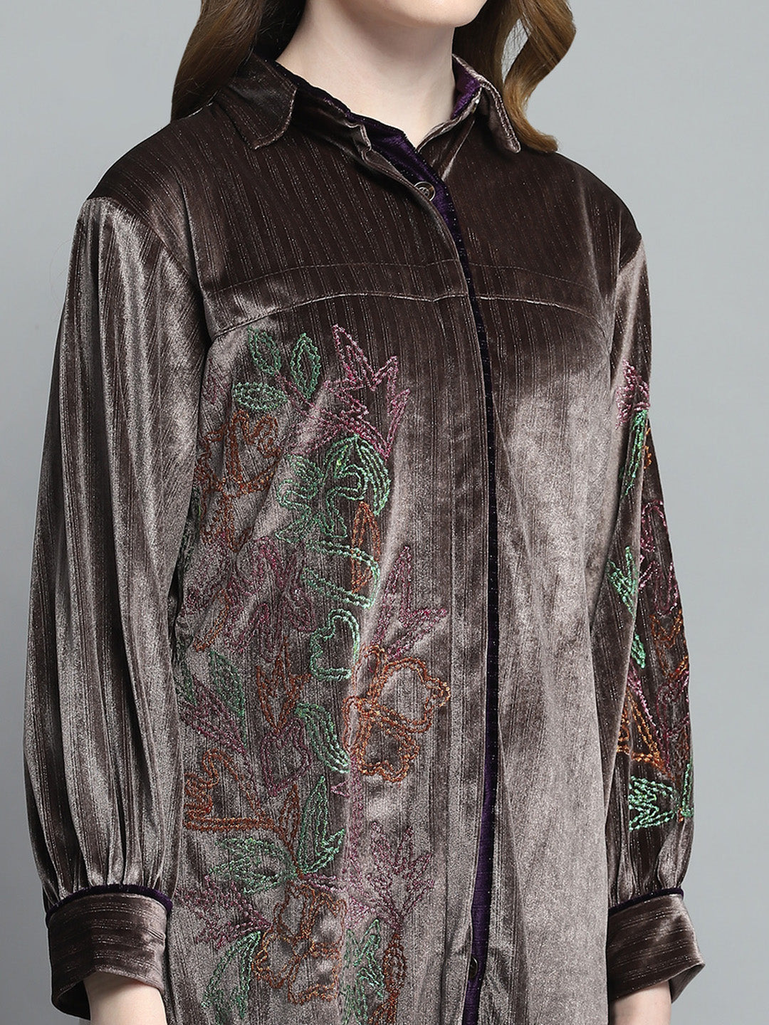 Women Brown Self Design Collar Full Sleeve Winter Shirt