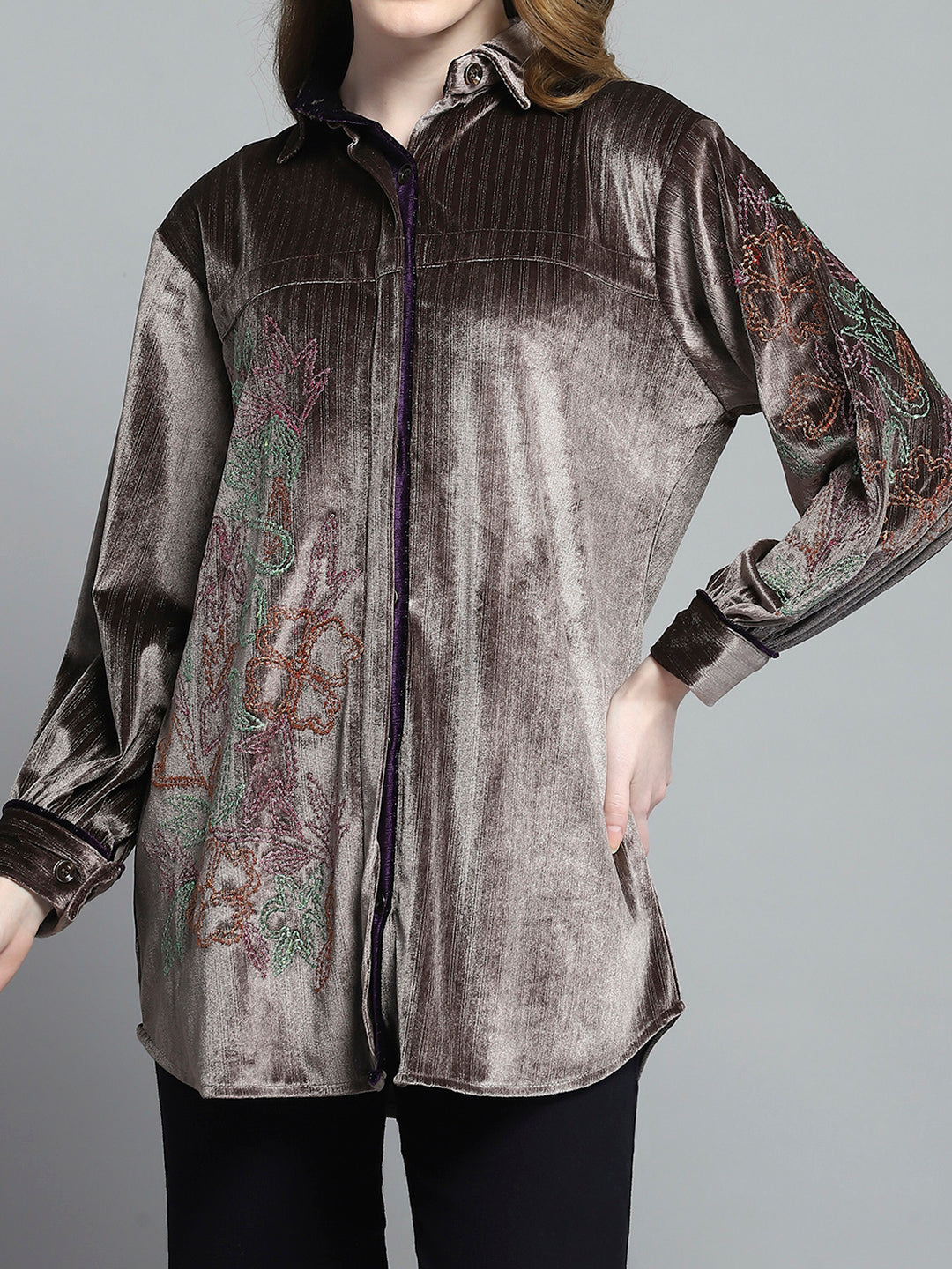 Women Brown Self Design Collar Full Sleeve Winter Shirt