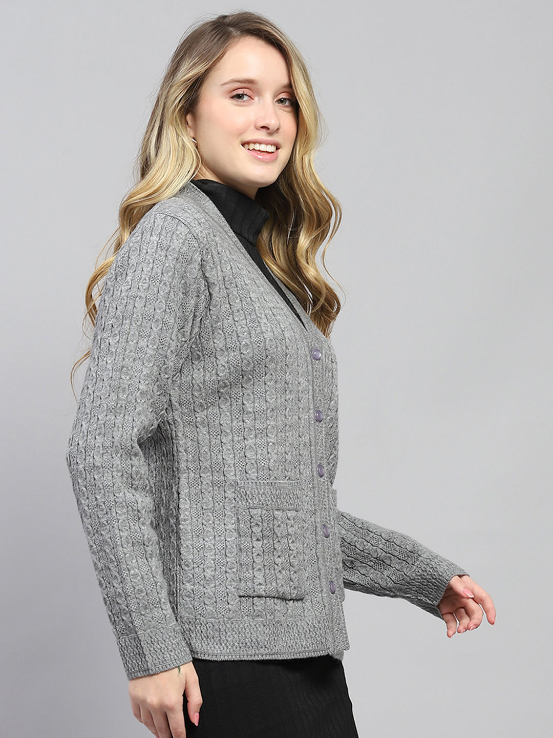Women Grey Self Design V Neck Full Sleeve Cardigan