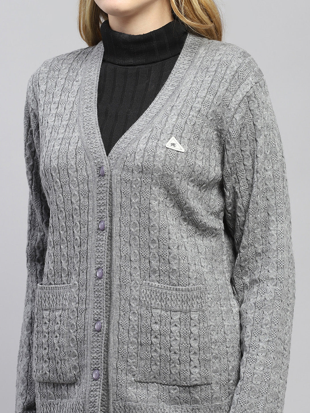 Women Grey Self Design V Neck Full Sleeve Cardigan