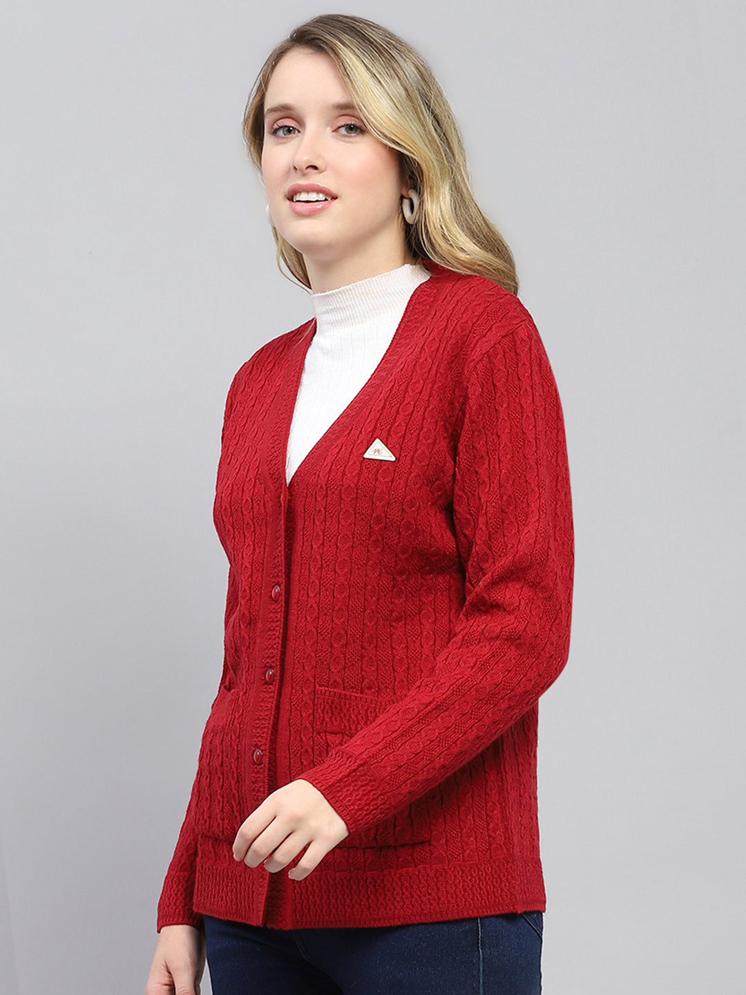 Women Red Self Design V Neck Full Sleeve Cardigan