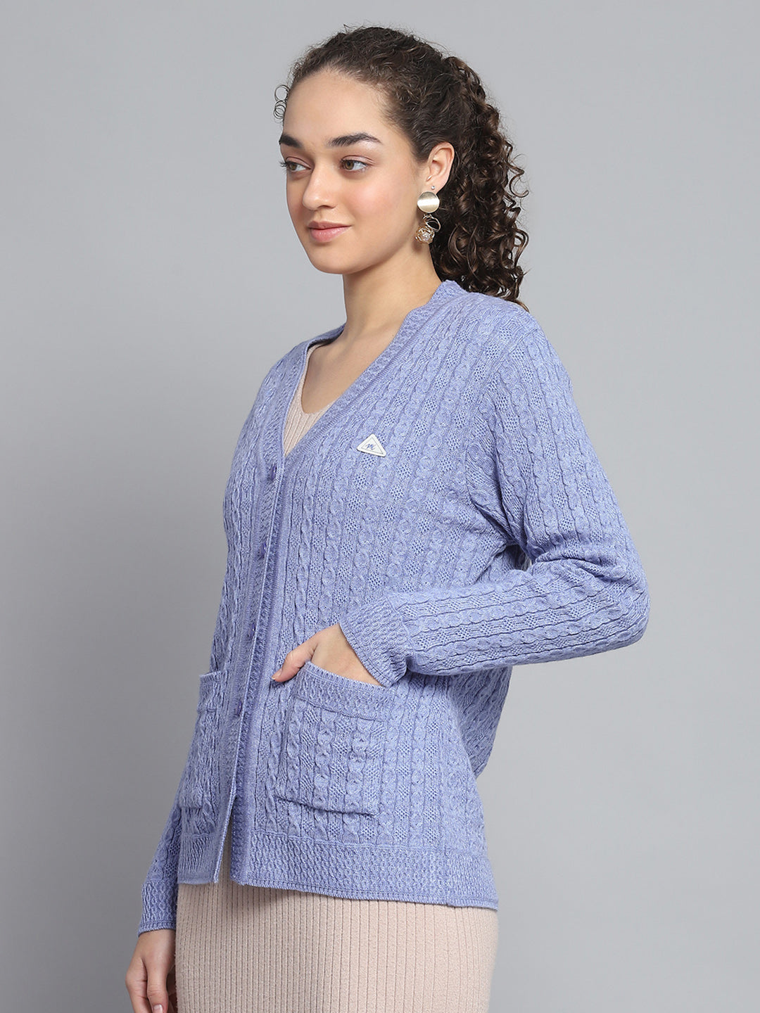 Women Purple Self Design V Neck Full Sleeve Cardigan