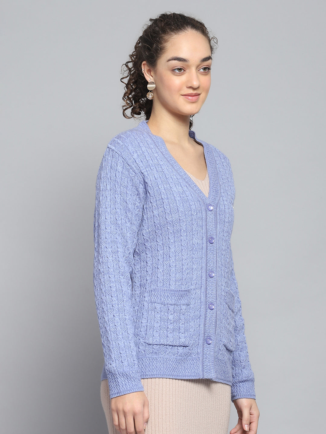 Women Purple Self Design V Neck Full Sleeve Cardigan