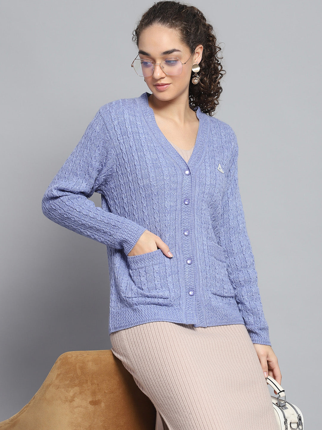 Women Purple Self Design V Neck Full Sleeve Cardigan