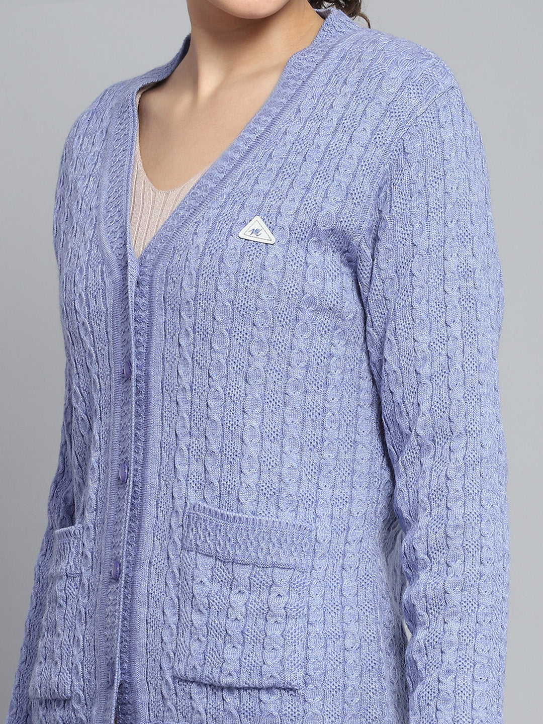 Women Purple Self Design V Neck Full Sleeve Cardigan