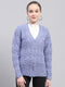 Women Purple Self Design V Neck Full Sleeve Cardigan