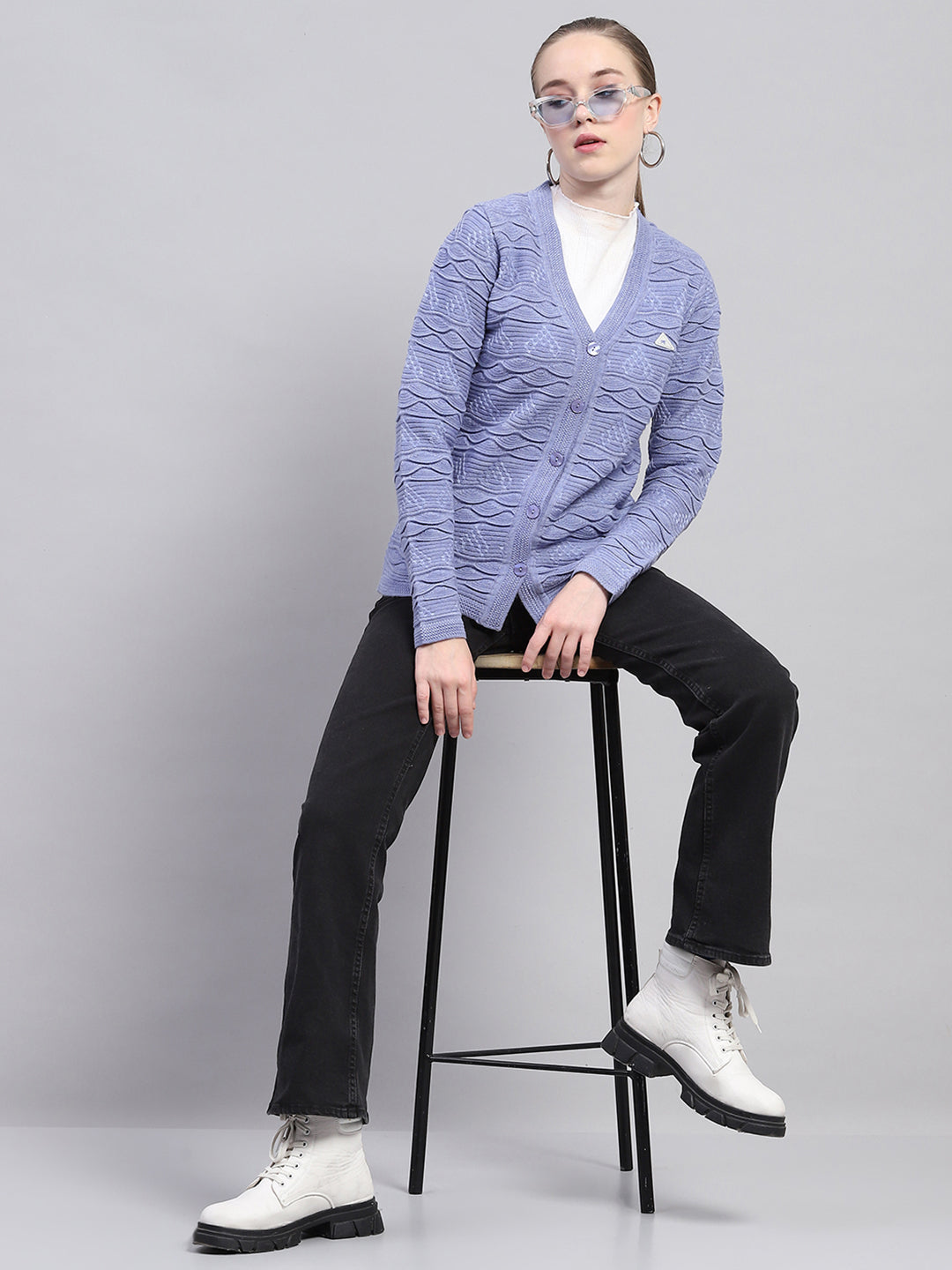 Women Purple Self Design V Neck Full Sleeve Cardigan