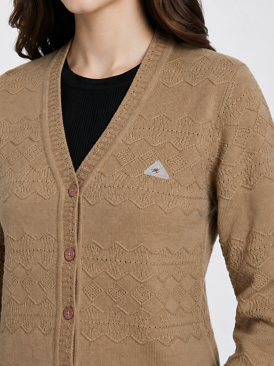 Women Brown Self Design V Neck Full Sleeve Cardigan