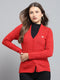 Women Red Self Design V Neck Full Sleeve Cardigan
