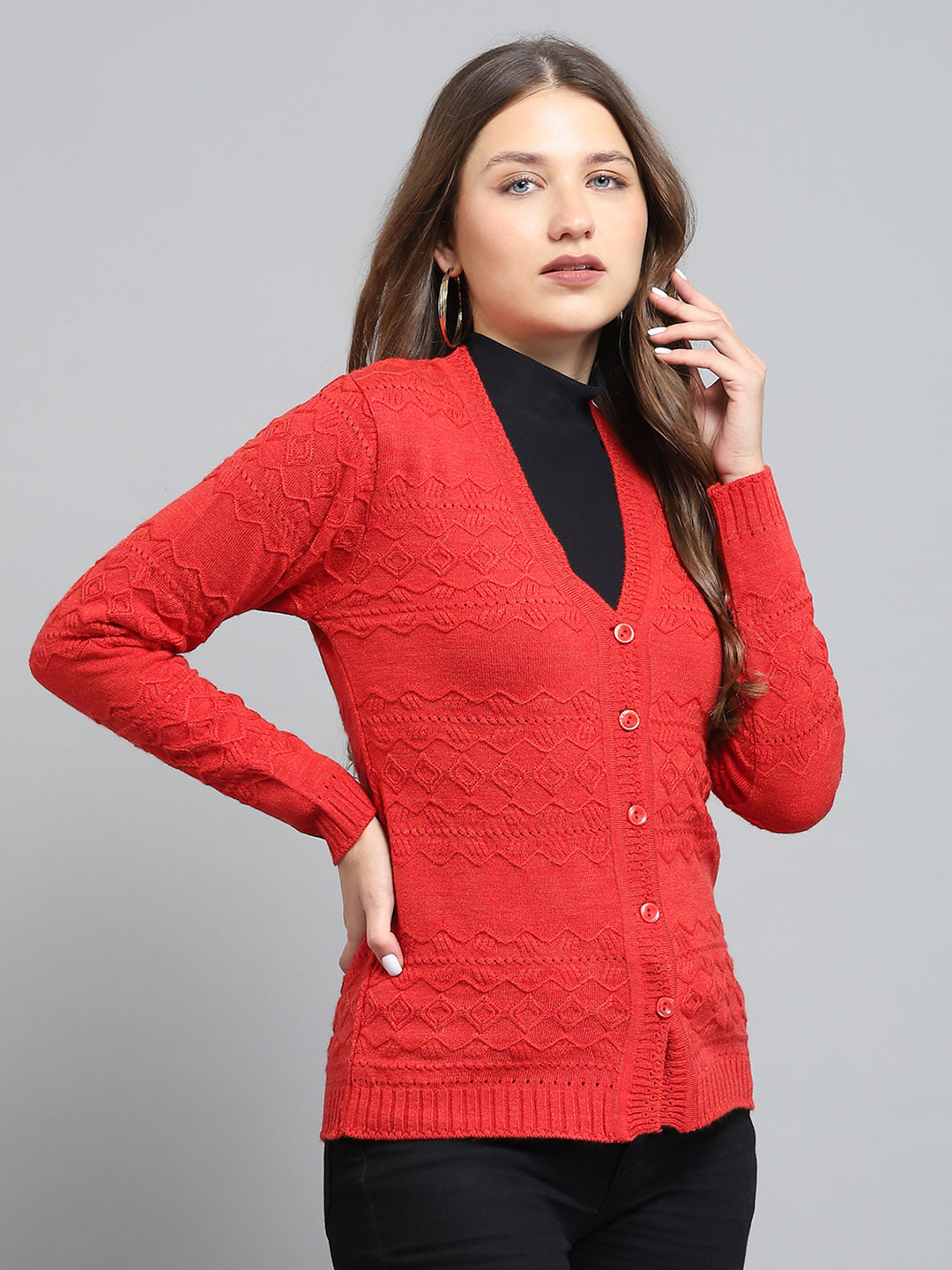 Women Red Self Design V Neck Full Sleeve Cardigan