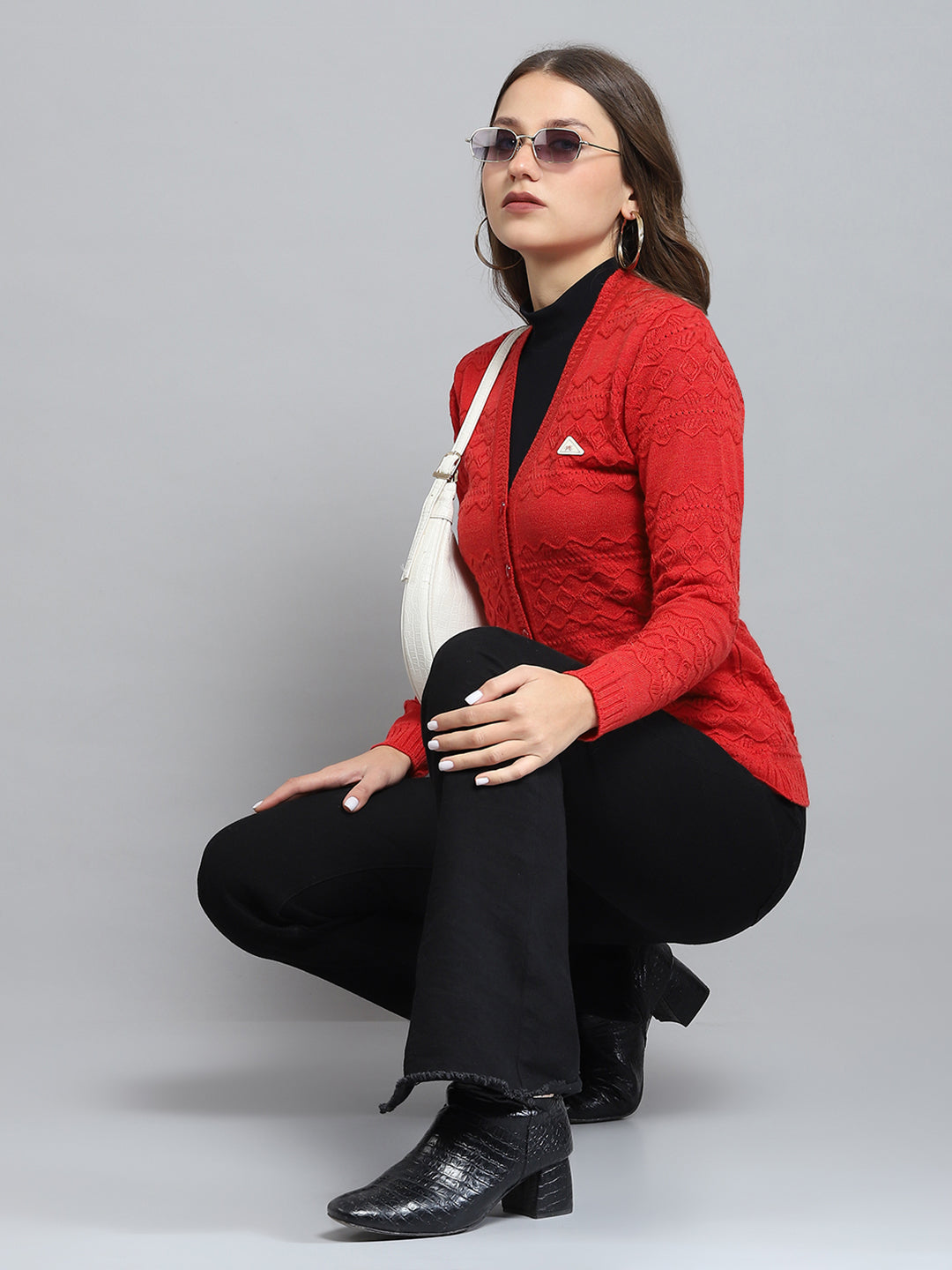 Women Red Self Design V Neck Full Sleeve Cardigan