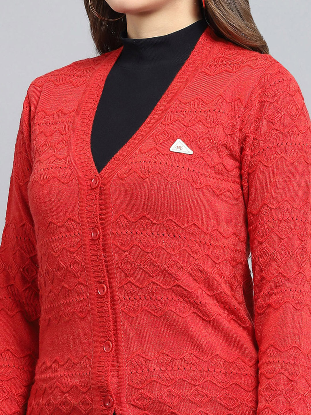 Women Red Self Design V Neck Full Sleeve Cardigan