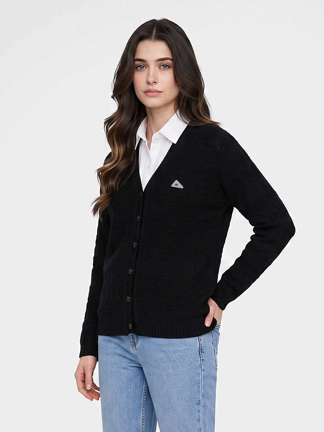 Women Black Self Design V Neck Full Sleeve Cardigan