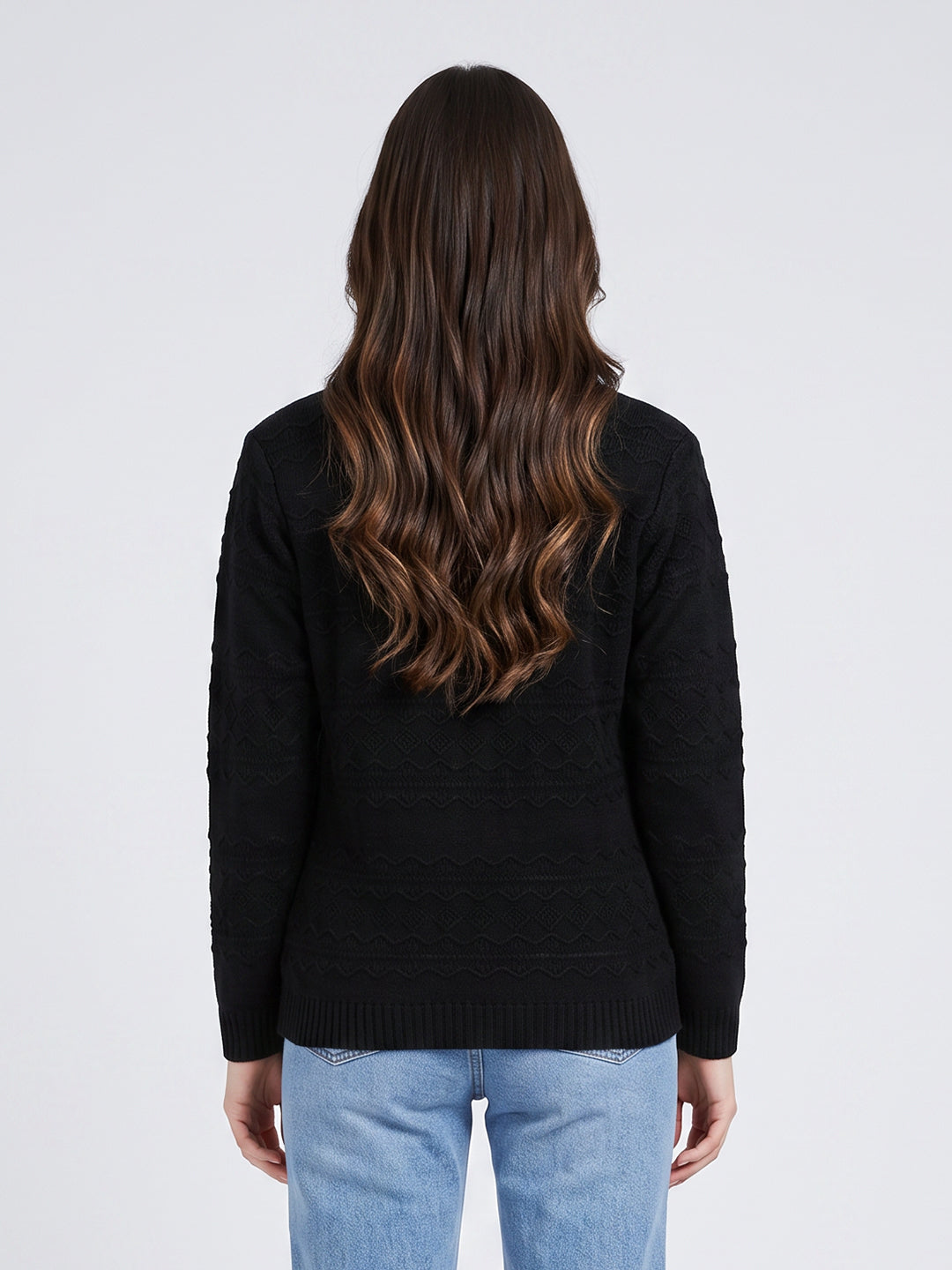 Women Black Self Design V Neck Full Sleeve Cardigan