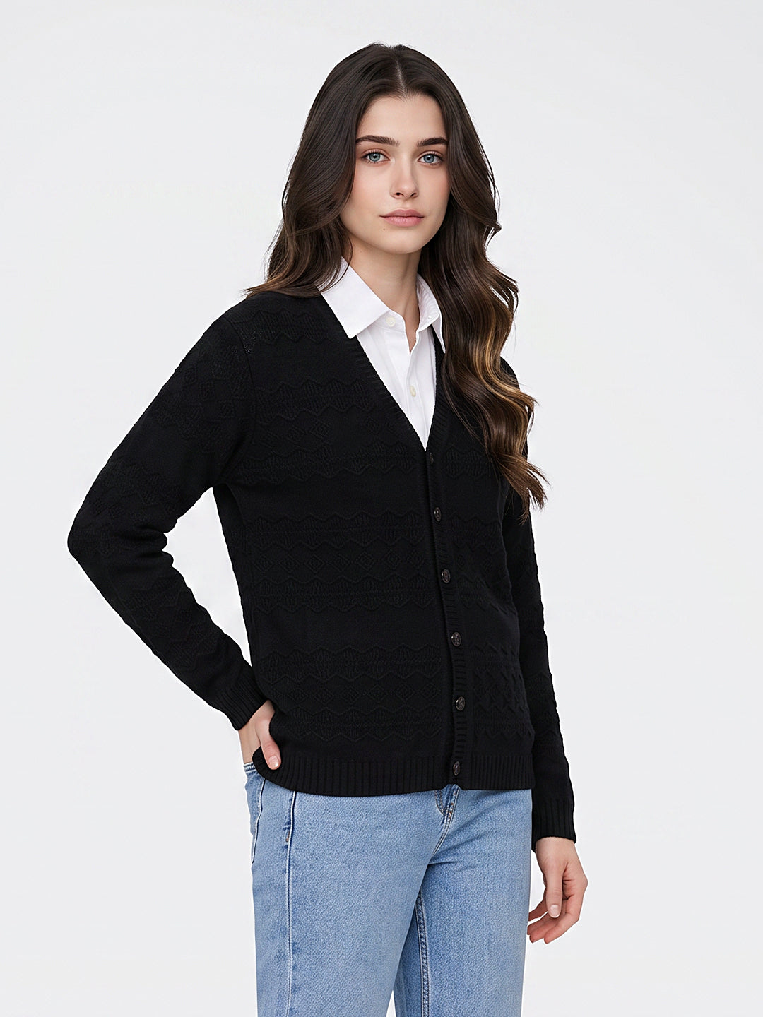 Women Black Self Design V Neck Full Sleeve Cardigan