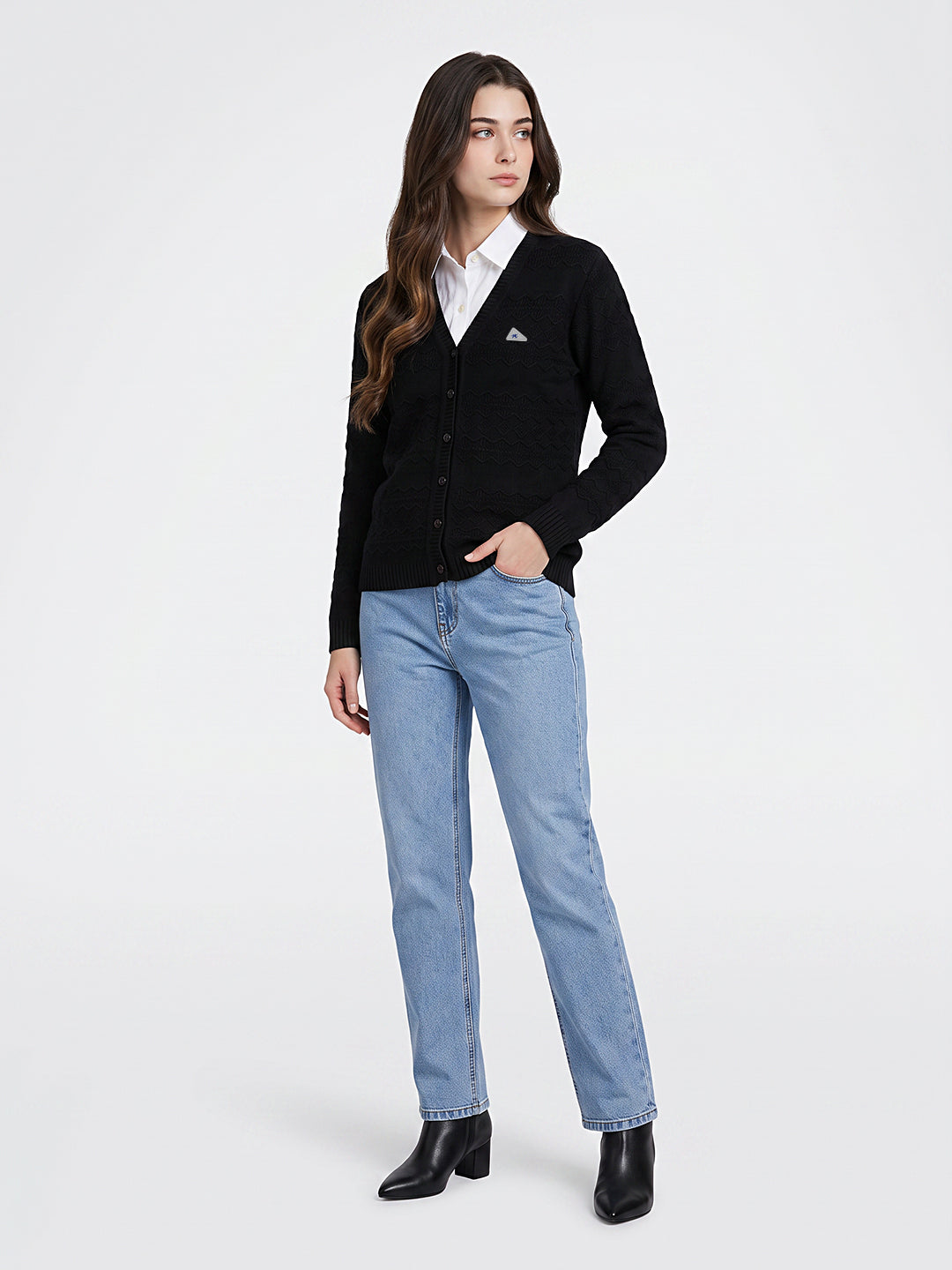 Women Black Self Design V Neck Full Sleeve Cardigan